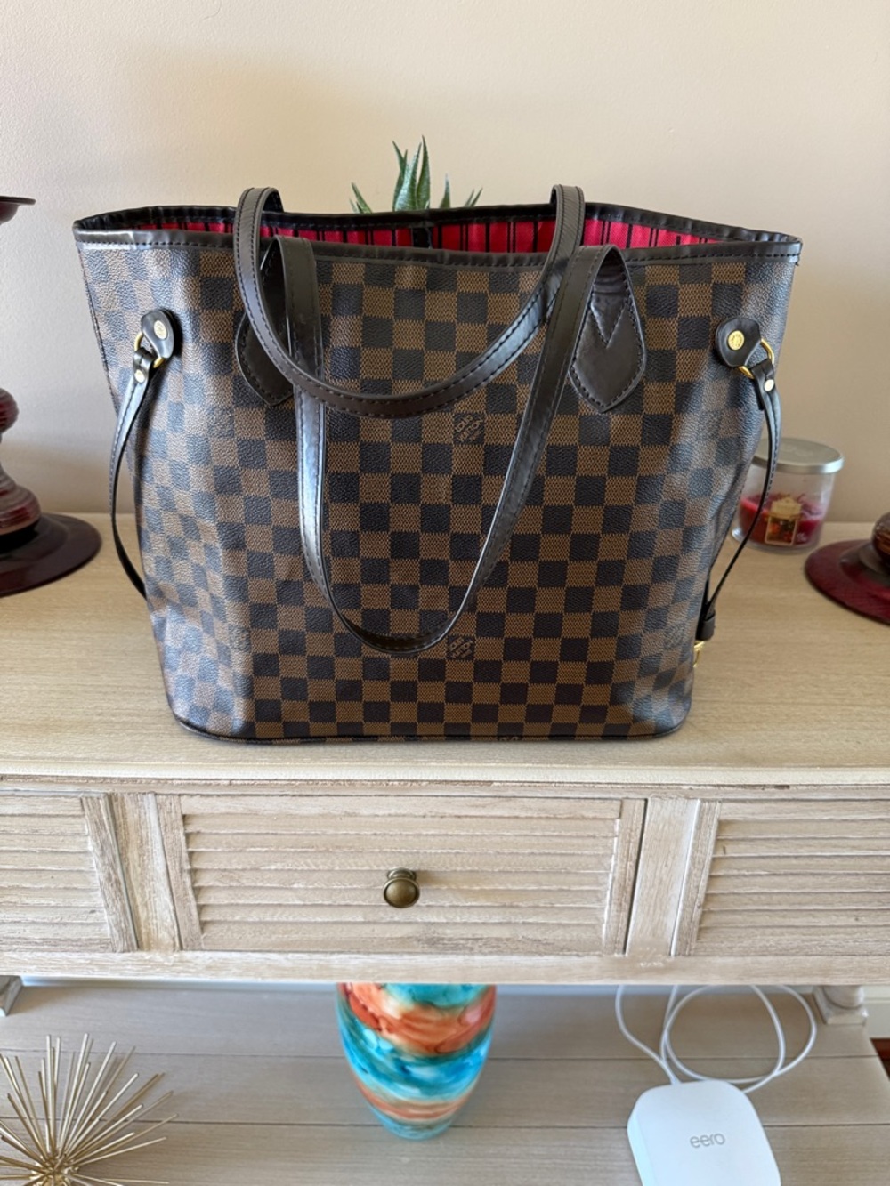 Brown Checkered Tote Bag with Red Interior